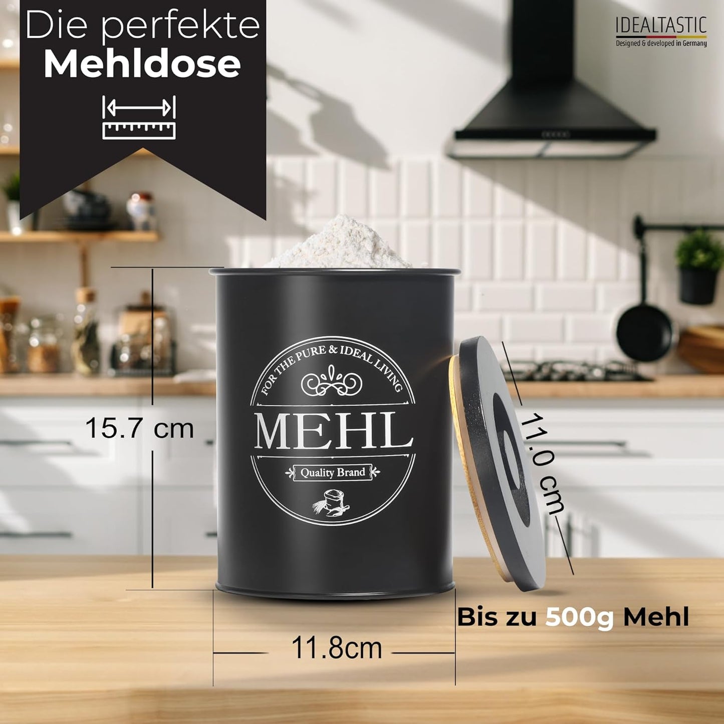 IDEALTASTIC® Premium Mehl Aufbewahrung schwarz, Luftdichte Mehldose 500g für die Küche I Robuster Mehlbehälter mit zeitsparendem Deckel, Mehlbox mit Deckel, Lebensmittelgeprüfte Vorratsdose Mehl