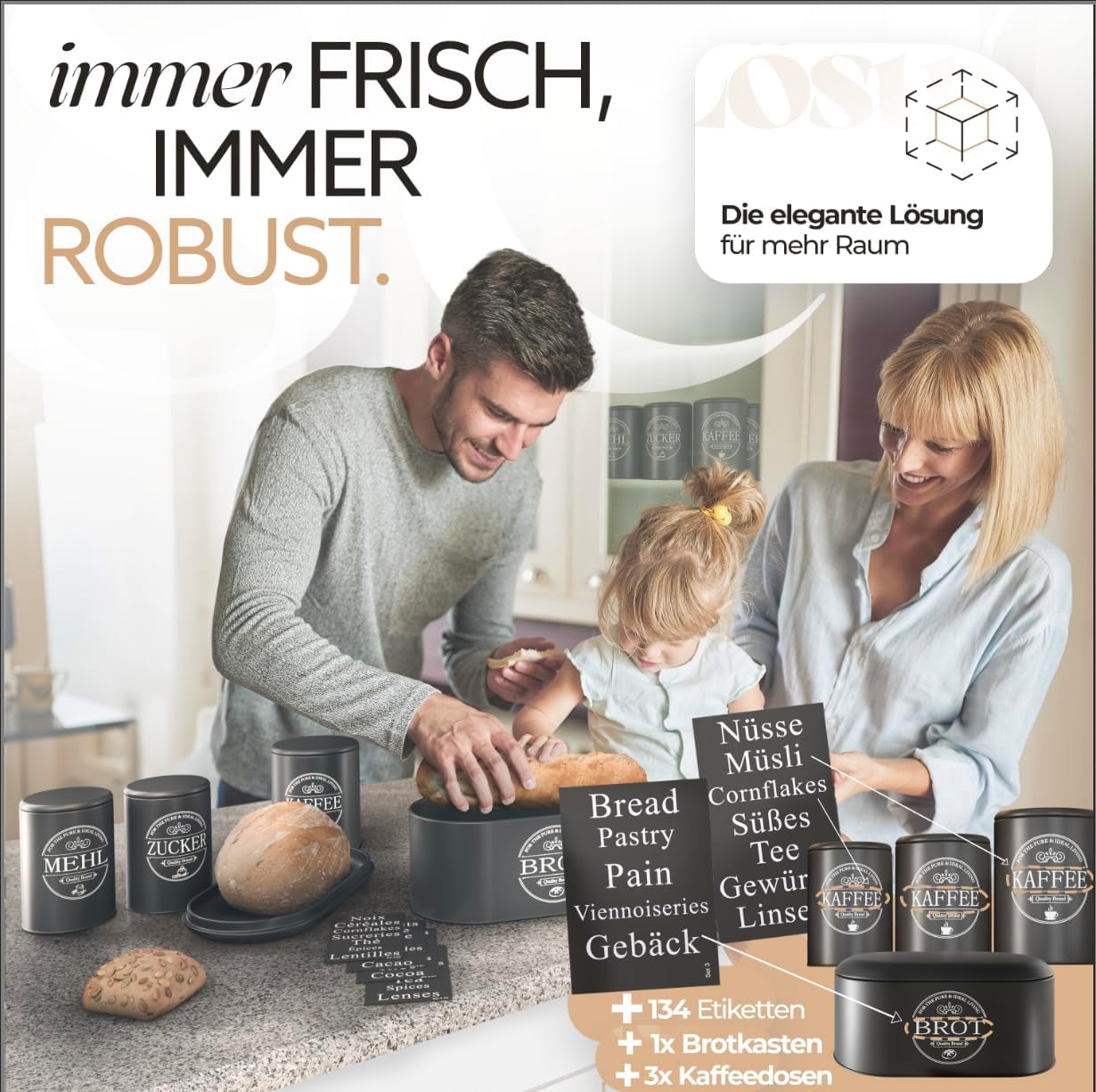 IDEALTASTIC® Premium Brotkasten 4er Set, Zuckerdose, Mehl Aufbewahrung & Kaffeedose luftdicht, Brotbox schwarz I Vorratsdosen je 500g & 1x Brot I Frische & Eleganz in Ihrer Küche