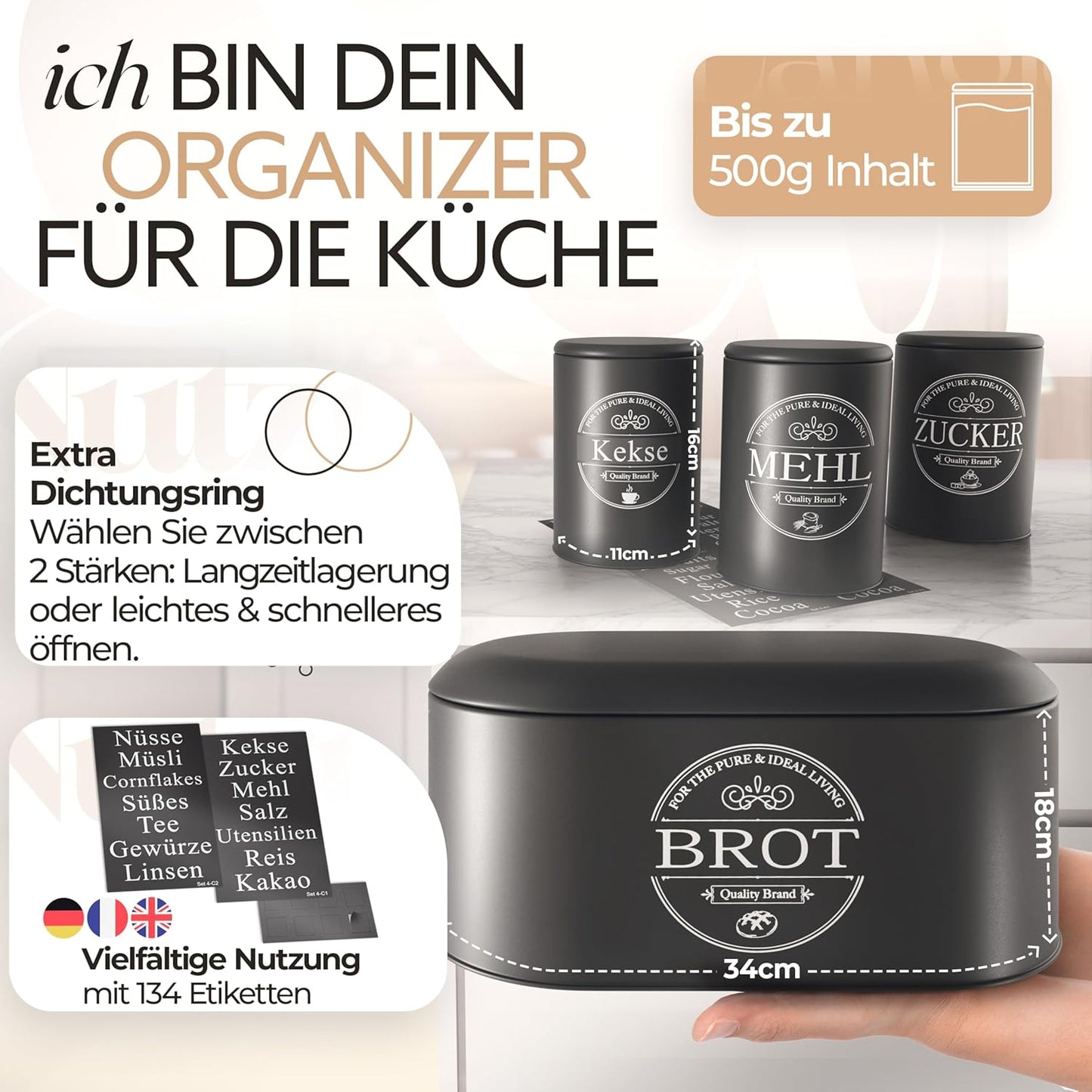 IDEALTASTIC® Premium Brotkasten 4er Set, Zuckerdose, Mehl Aufbewahrung & Kaffeedose luftdicht, Brotbox schwarz I Vorratsdosen je 500g & 1x Brot I Frische & Eleganz in Ihrer Küche