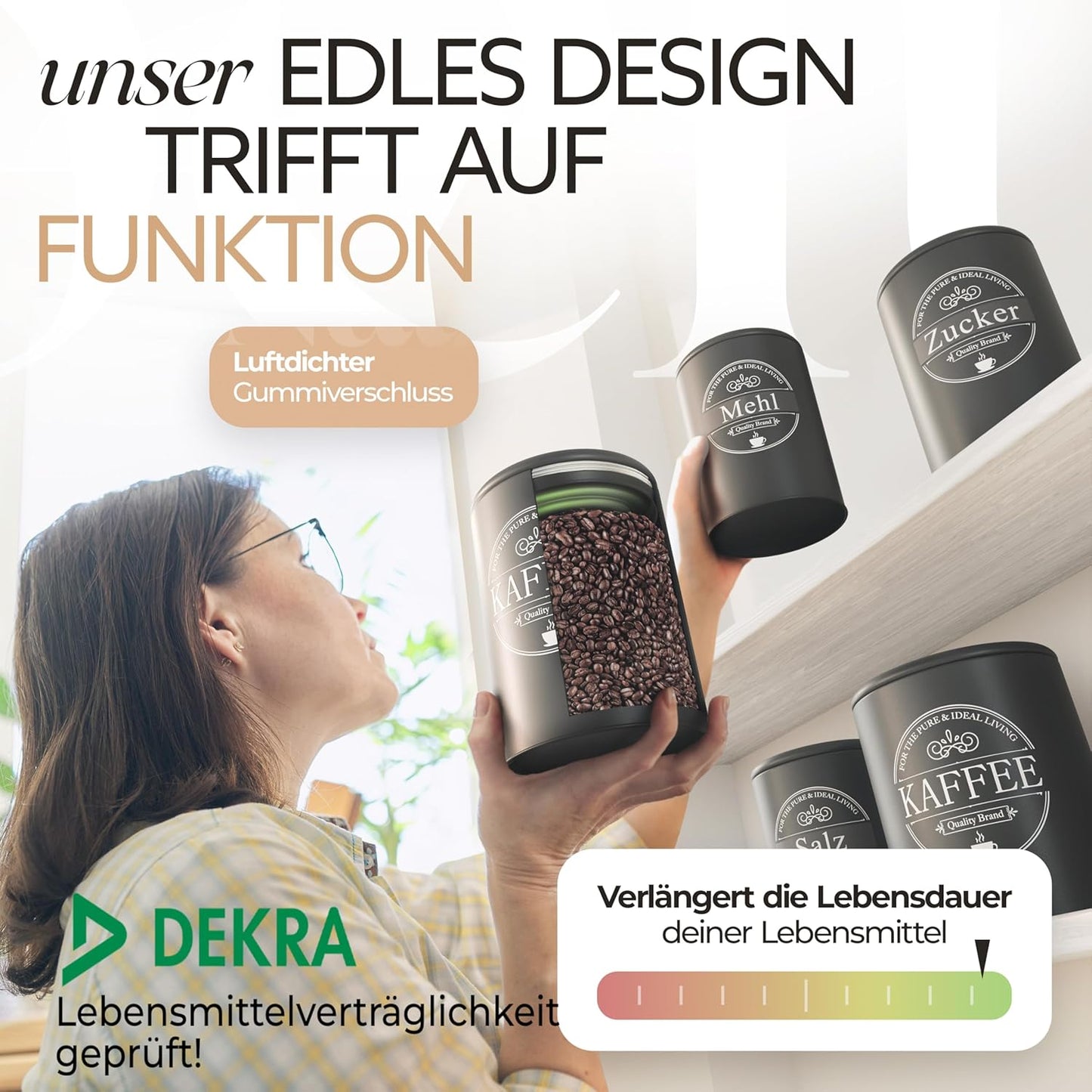 IDEALTASTIC® Premium Brotkasten 4er Set, Zuckerdose, Mehl Aufbewahrung & Kaffeedose luftdicht, Brotbox schwarz I Vorratsdosen je 500g & 1x Brot I Frische & Eleganz in Ihrer Küche