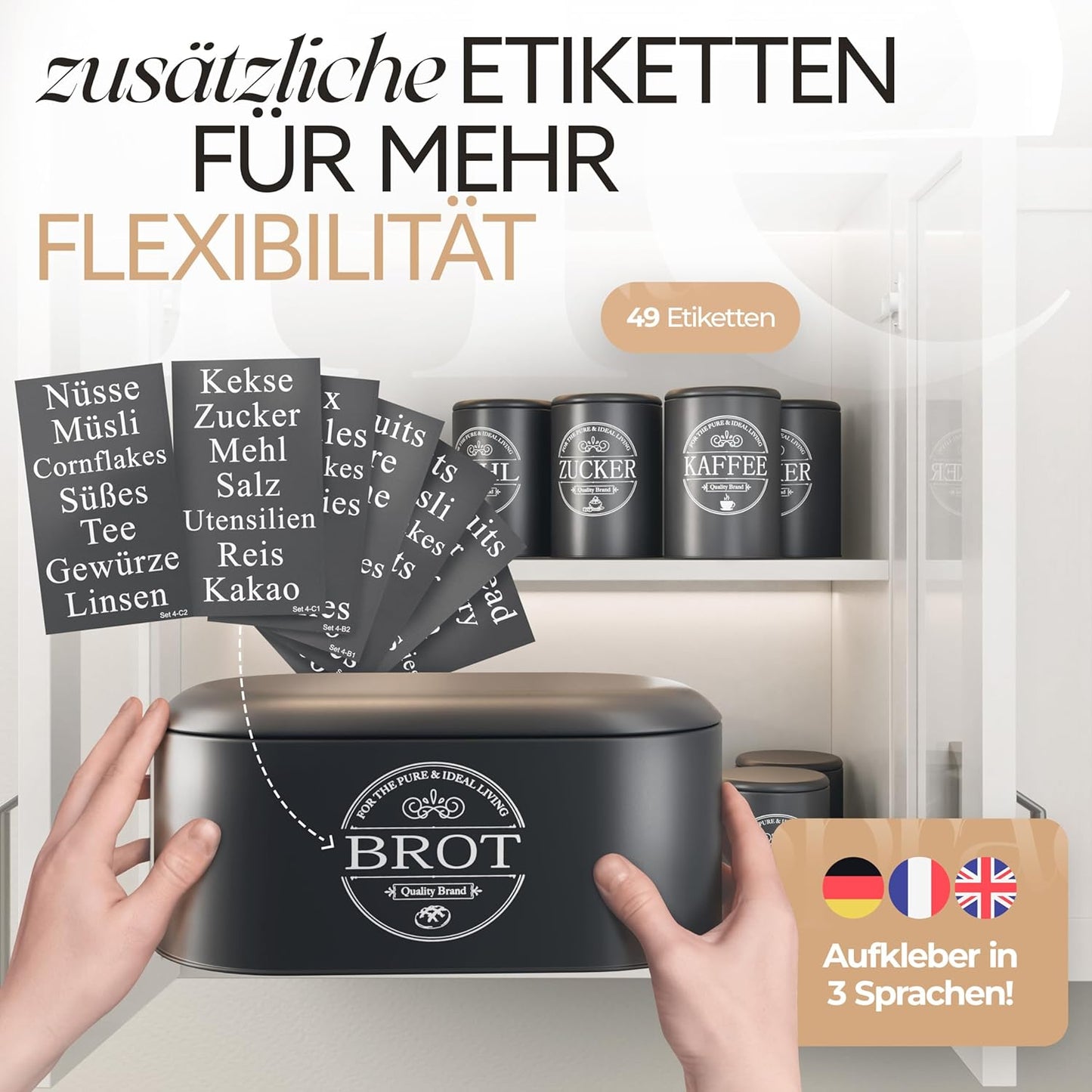 IDEALTASTIC® Premium Brotkasten 4er Set, Zuckerdose, Mehl Aufbewahrung & Kaffeedose luftdicht, Brotbox schwarz I Vorratsdosen je 500g & 1x Brot I Frische & Eleganz in Ihrer Küche