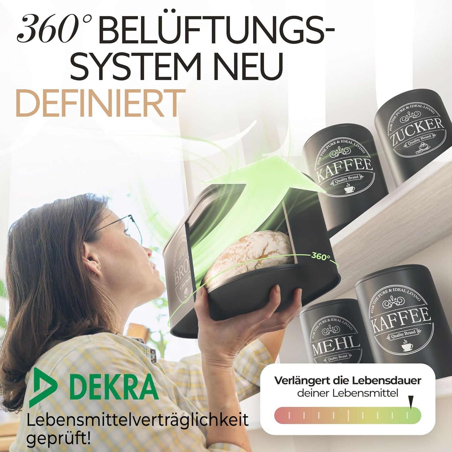 IDEALTASTIC® Premium Brotkasten 4er Set, Zuckerdose, Mehl Aufbewahrung & Kaffeedose luftdicht, Brotbox schwarz I Vorratsdosen je 500g & 1x Brot I Frische & Eleganz in Ihrer Küche