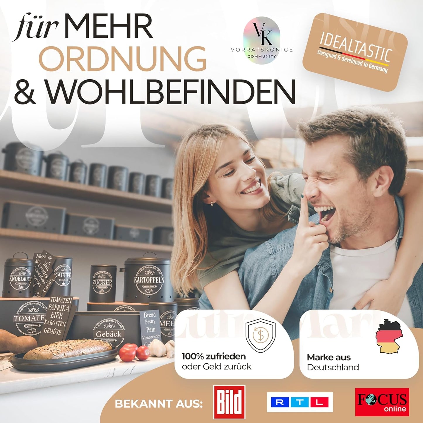 IDEALTASTIC® Premium Brotkasten 4er Set, Zuckerdose, Mehl Aufbewahrung & Kaffeedose luftdicht, Brotbox schwarz I Vorratsdosen je 500g & 1x Brot I Frische & Eleganz in Ihrer Küche