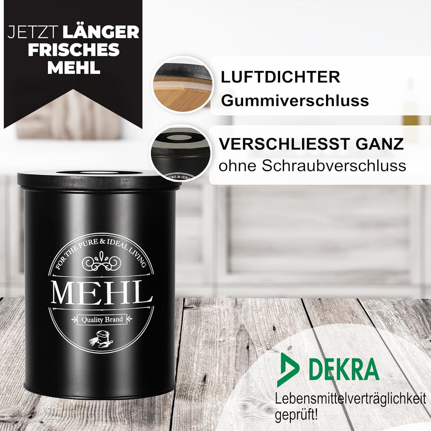 IDEALTASTIC® Premium Mehl Aufbewahrung schwarz, Luftdichte Mehldose 500g für die Küche I Robuster Mehlbehälter mit zeitsparendem Deckel, Mehlbox mit Deckel, Lebensmittelgeprüfte Vorratsdose Mehl