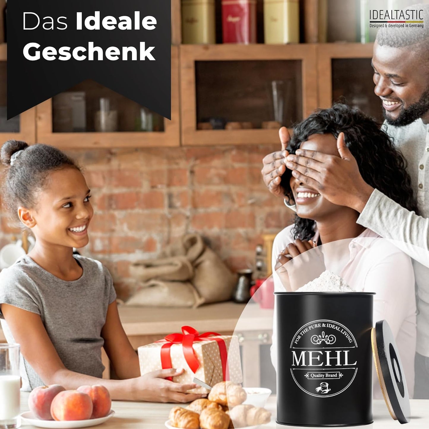 IDEALTASTIC® Premium Mehl Aufbewahrung schwarz, Luftdichte Mehldose 500g für die Küche I Robuster Mehlbehälter mit zeitsparendem Deckel, Mehlbox mit Deckel, Lebensmittelgeprüfte Vorratsdose Mehl