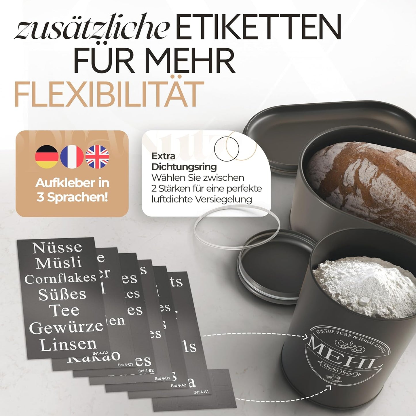 IDEALTASTIC® Premium Brotkasten 4er Set, Zuckerdose, Mehl Aufbewahrung & Kaffeedose luftdicht, Brotbox schwarz I Vorratsdosen je 500g & 1x Brot I Frische & Eleganz in Ihrer Küche