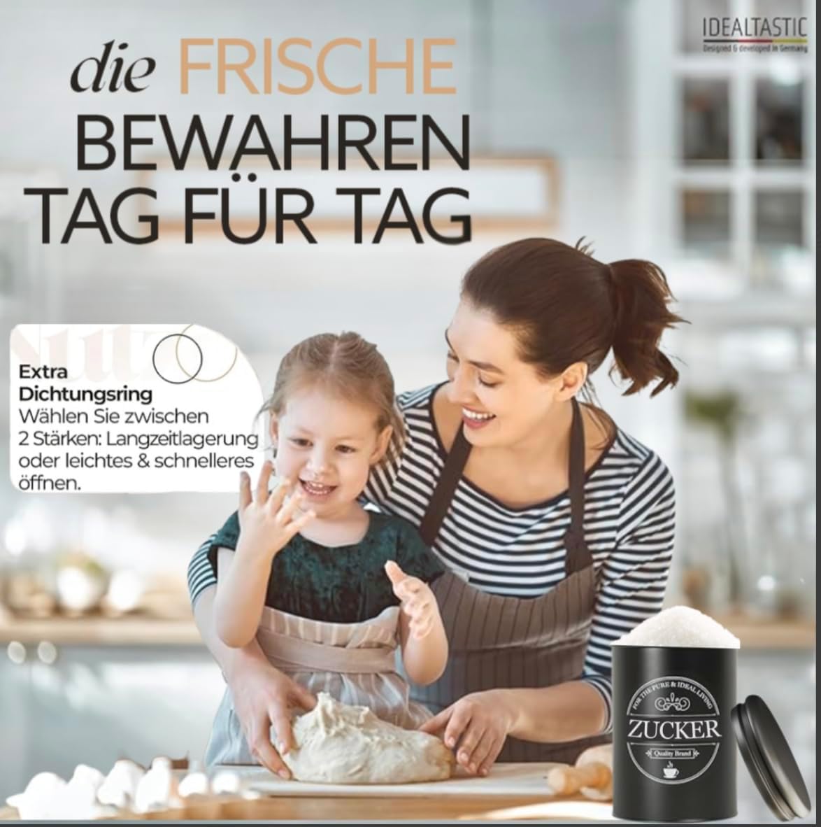 IDEALTASTIC® Premium Zuckerdose schwarz 1KG mit luftdichtem Verschluss für Klumpen freien Zucker I Robuster Zucker Behälter mit zeitsparendem Deckel I Lebensmittelgeprüfte Zuckerdose Vintage