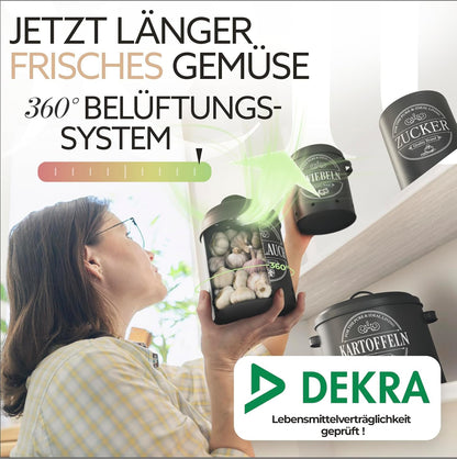 IDEALTASTIC® Premium Kartoffel Aufbewahrungsbox [3 Stück] I Vielseitiges Kartoffeltopf Set mit 360° Belüftungssystem für mehr Frische I Ideal für Zwiebel Aufbewahrung & Kartoffel Aufbewahrung