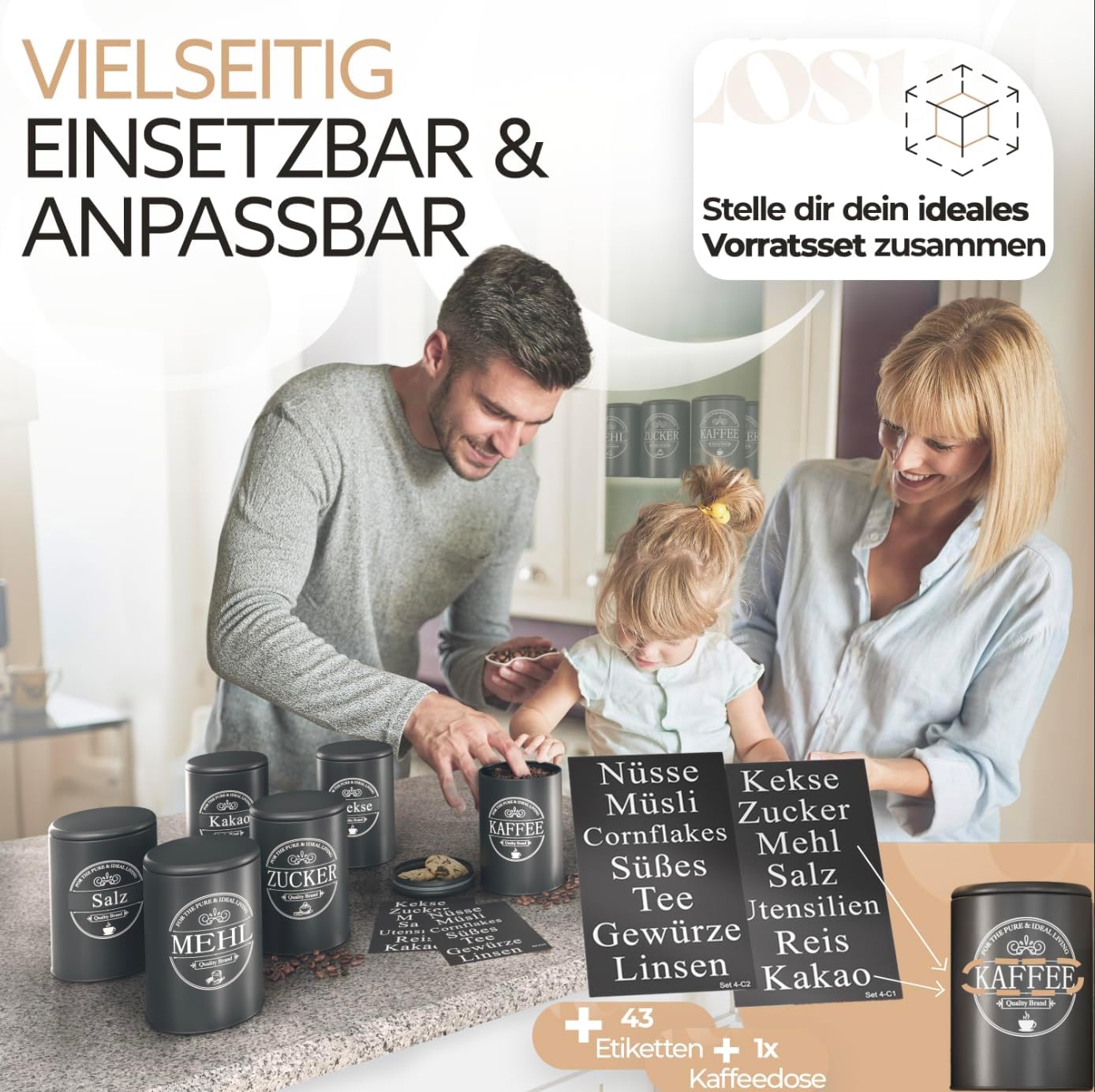 IDEALTASTIC® Premium Kaffeedose luftdicht [500g] für anhaltendes Kaffeearoma I Robuste Vorratsdose für gemahlenen Kaffee & Bohnen mit flexiblen Inhaltstickern I Zucker, Müsli Aufbewahrung & mehr