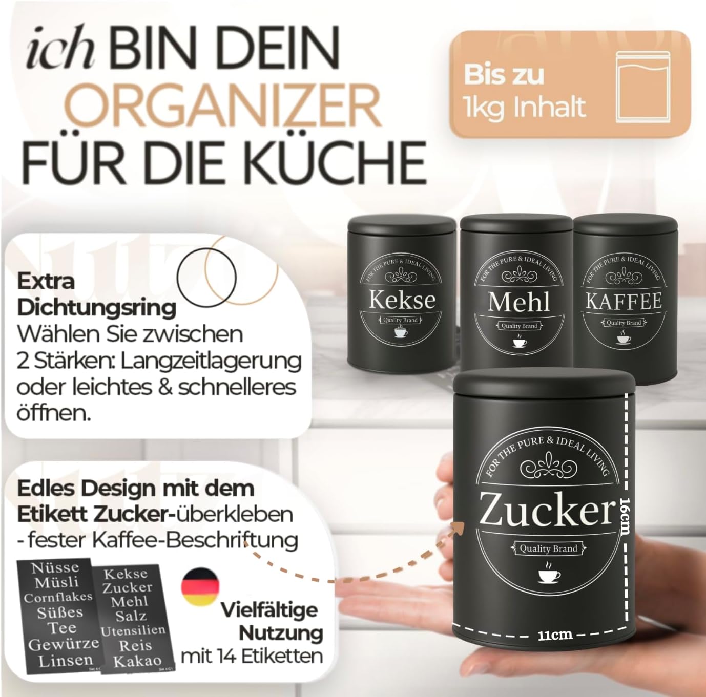 IDEALTASTIC® Premium Zuckerdose schwarz 1KG mit luftdichtem Verschluss für Klumpen freien Zucker I Robuster Zucker Behälter mit zeitsparendem Deckel I Lebensmittelgeprüfte Zuckerdose Vintage