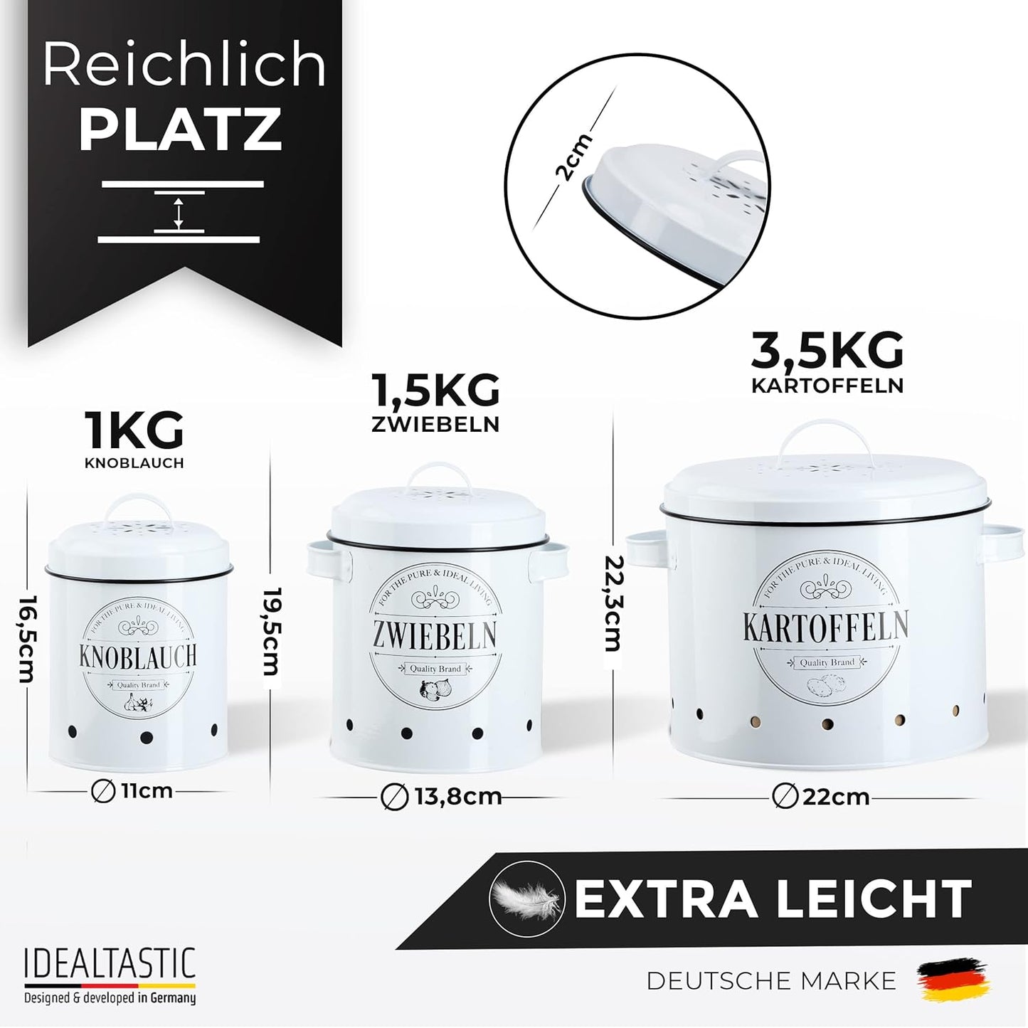 IDEALTASTIC® Premium Kartoffel Aufbewahrungsbox [3 Stück] I Vielseitiges Kartoffeltopf Set mit 360° Belüftungssystem für mehr Frische