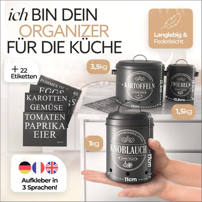 IDEALTASTIC® Premium Kartoffel Aufbewahrungsbox [3 Stück] I Vielseitiges Kartoffeltopf Set mit 360° Belüftungssystem für mehr Frische I Ideal für Zwiebel Aufbewahrung & Kartoffel Aufbewahrung