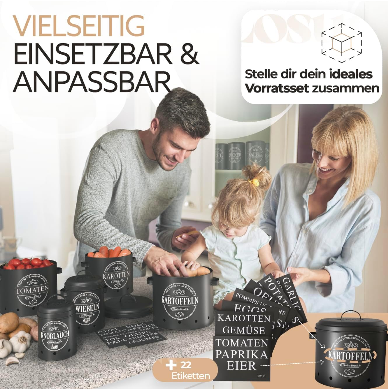 IDEALTASTIC® Premium Kartoffel Aufbewahrungsbox [3 Stück] I Vielseitiges Kartoffeltopf Set mit 360° Belüftungssystem für mehr Frische I Ideal für Zwiebel Aufbewahrung & Kartoffel Aufbewahrung