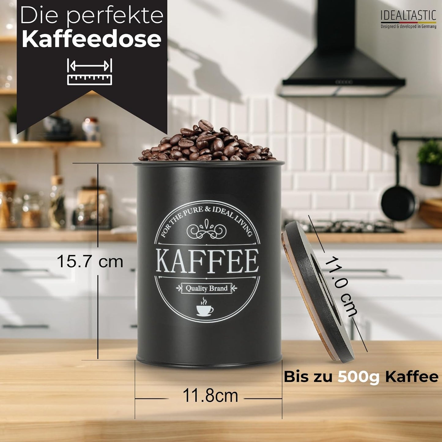 IDEALTASTIC® Premium Kaffeedose luftdicht [500g] für anhaltendes Kaffeearoma I Robuste Kaffeedose für gemahlenen Kaffee & Bohnen mit zeitsparendem Bambus-Deckel I Lebensmittelgeprüfte Kaffeedosen