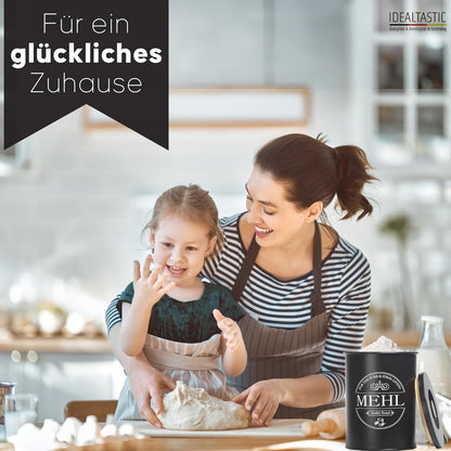 IDEALTASTIC® Premium Mehl Aufbewahrung schwarz, Luftdichte Mehldose 500g für die Küche I Robuster Mehlbehälter mit zeitsparendem Deckel, Mehlbox mit Deckel, Lebensmittelgeprüfte Vorratsdose Mehl