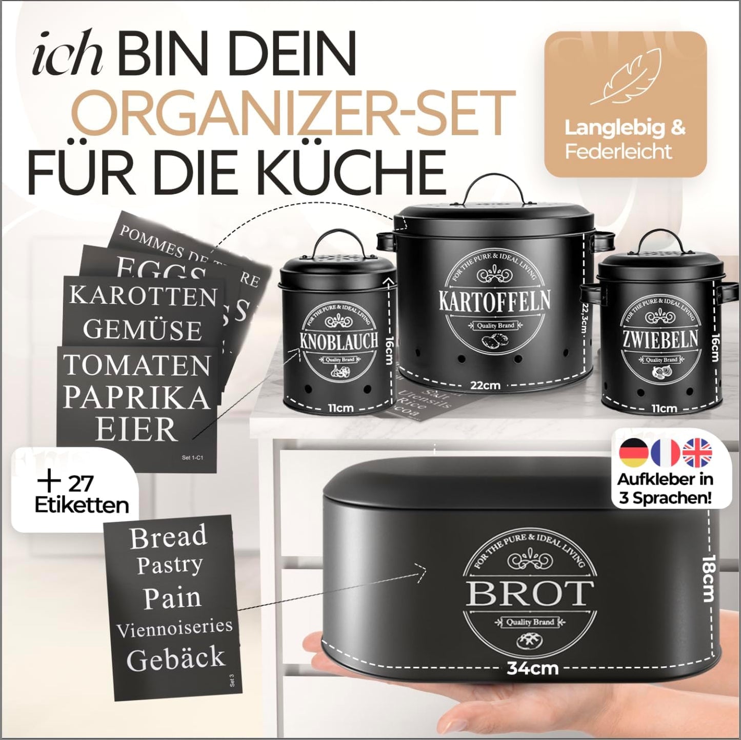 IDEALTASTIC® Premium Brotkasten 4er Set, Kartoffel Aufbewahrungsbox, Zwiebel Aufbewahrung & Knoblauch Aufbewahrung, Brotbox schwarz I Mit 360° Belüftungssystem für mehr Frische