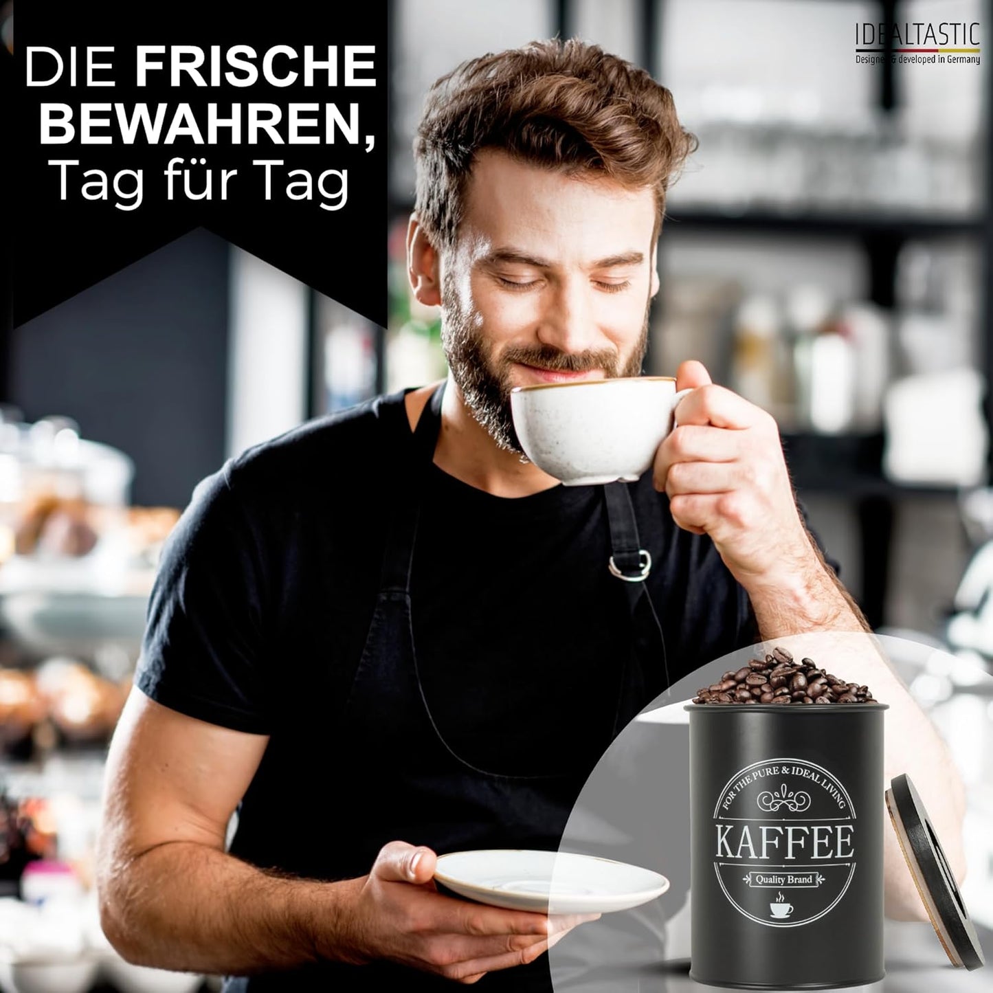 IDEALTASTIC® Premium Kaffeedose luftdicht [500g] für anhaltendes Kaffeearoma I Robuste Kaffeedose für gemahlenen Kaffee & Bohnen mit zeitsparendem Bambus-Deckel I Lebensmittelgeprüfte Kaffeedosen