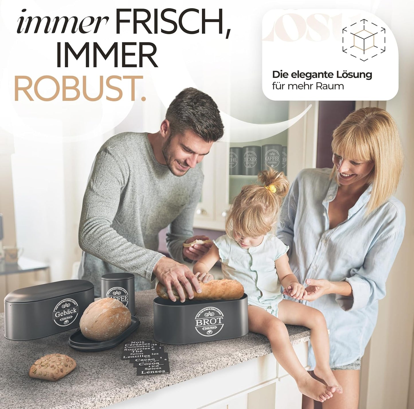 IDEALTASTIC® Premium 2in1 Brotkasten schwarz für lange Frische, mit speziell entwickelter Luftzirkulation I Frischhaltende Brotbox mit flexiblen Inhaltstickern I Lebensmittelechte Brotaufbewahrung