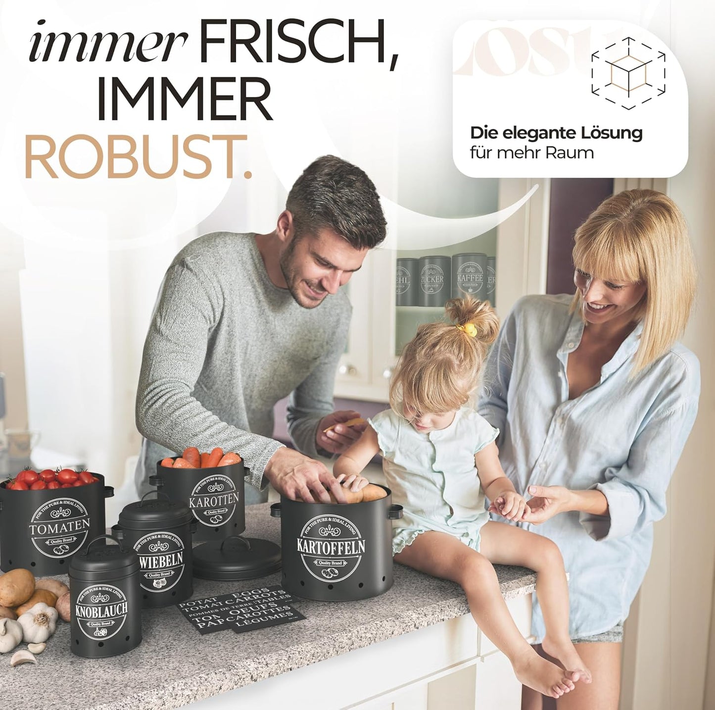 IDEALTASTIC® Premium Brotkasten 4er Set, Kartoffel Aufbewahrungsbox, Zwiebel Aufbewahrung & Knoblauch Aufbewahrung, Brotbox schwarz I Mit 360° Belüftungssystem für mehr Frische