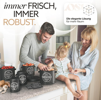 IDEALTASTIC® Premium Brotkasten 4er Set, Kartoffel Aufbewahrungsbox, Zwiebel Aufbewahrung & Knoblauch Aufbewahrung, Brotbox schwarz I Mit 360° Belüftungssystem für mehr Frische
