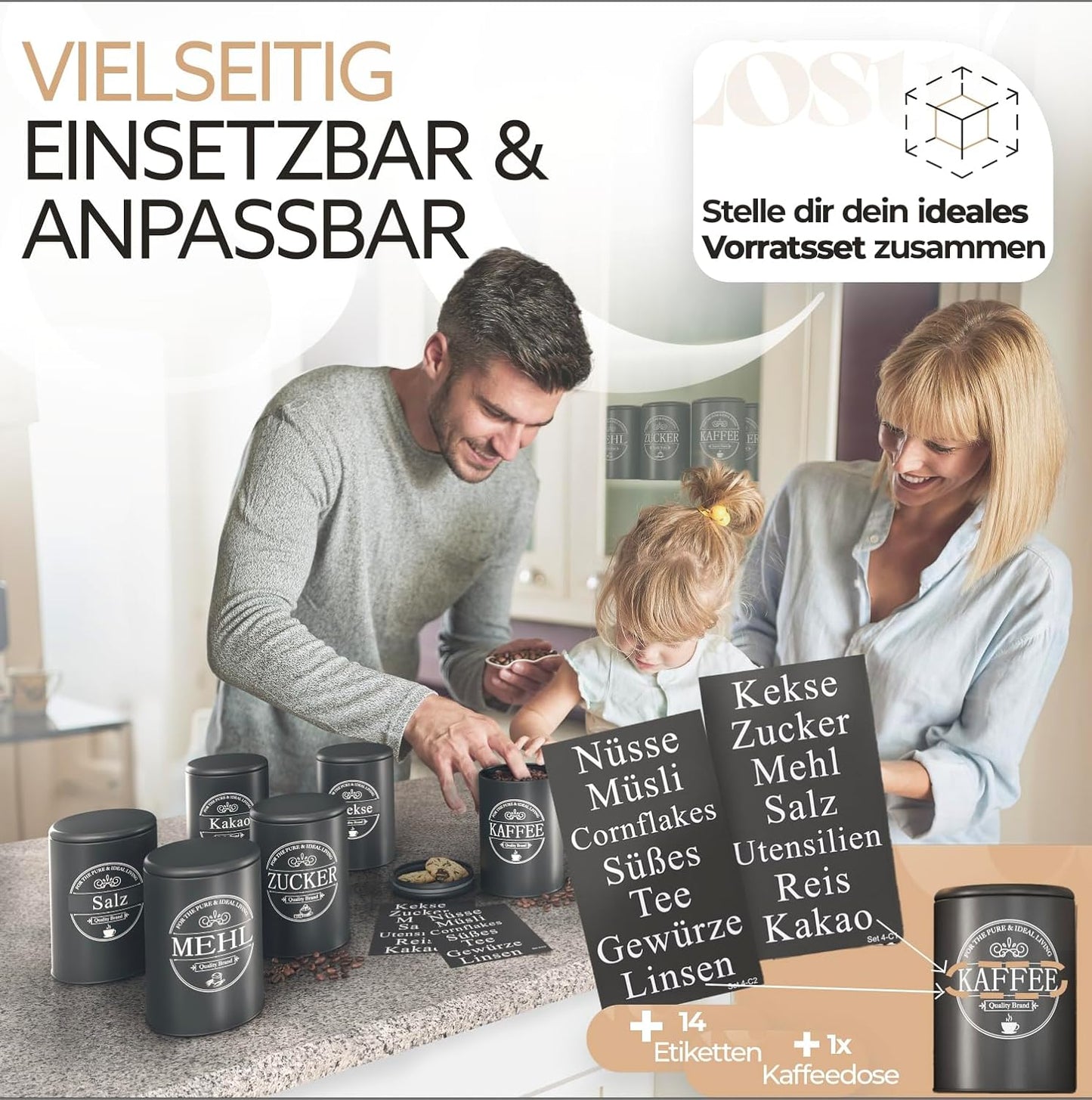 IDEALTASTIC® Premium Vorratsdose I kaffeedose luftdicht [1KG] Bohnen & Zuckerdose | Robuster Vorratsbehälter mit flexiblen Inhaltstickern | Zucker, Kaffee, Müsli Aufbewahrung & mehr