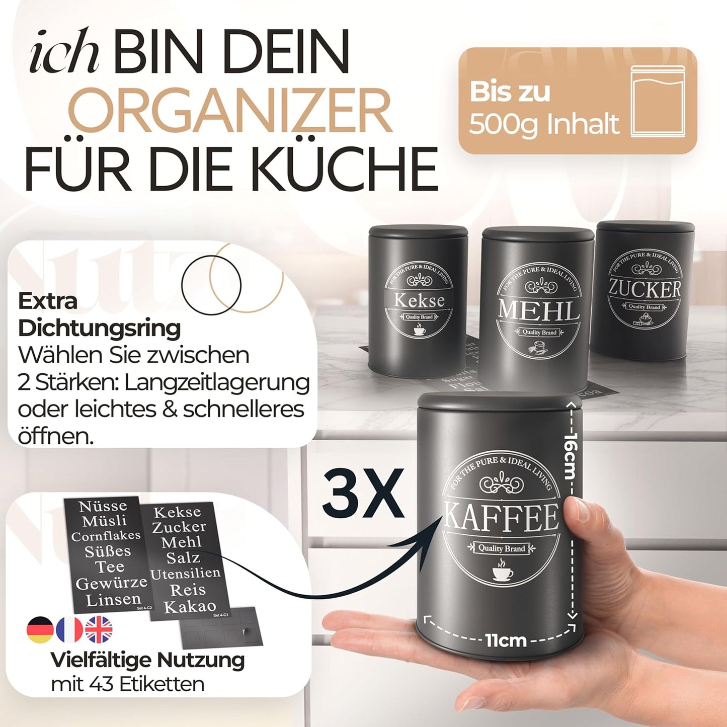 IDEALTASTIC® Premium Kaffeedose luftdicht 500g, Zuckerdose & Mehl Aufbewahrung Vorratsdosen-Set [3 Stück je 500g] Luftdicht für mehr Frische I Kaffee...