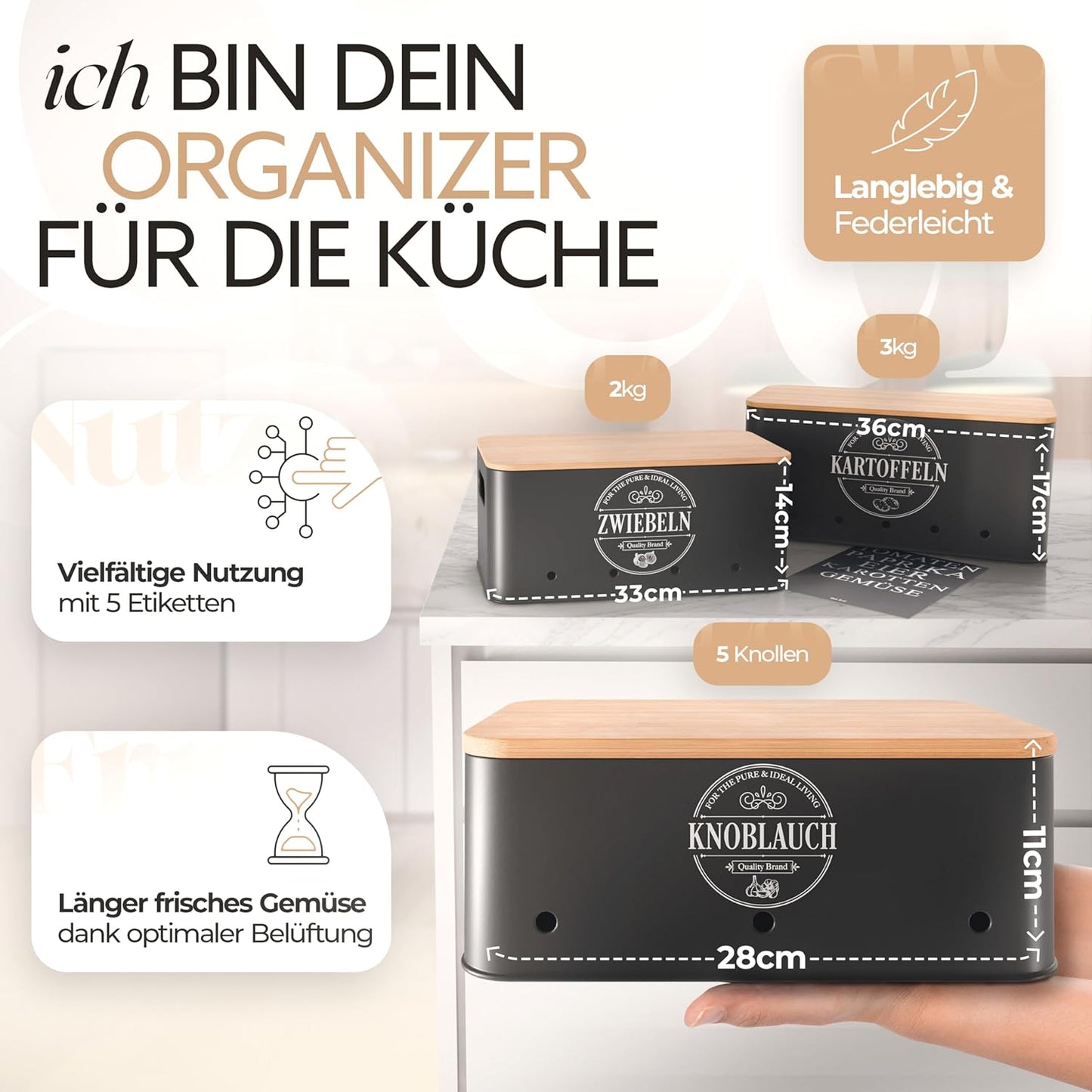 IDEALTASTIC® Premium Kartoffel Aufbewahrungsbox [3 Stück] I Vielseitiges Kartoffeltopf Set mit 360° Belüftungssystem für mehr Frische I Ideal für Zwiebel Aufbewahrung & Kartoffel Aufbewahrung
