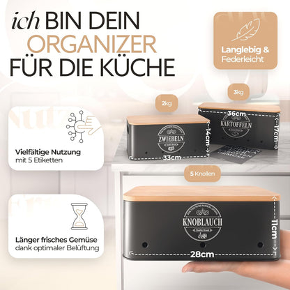 IDEALTASTIC® Premium Kartoffel Aufbewahrungsbox [3 Stück] I Vielseitiges Kartoffeltopf Set mit 360° Belüftungssystem für mehr Frische I Ideal für Zwiebel Aufbewahrung & Kartoffel Aufbewahrung