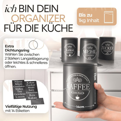 IDEALTASTIC® Premium Vorratsdose I kaffeedose luftdicht [1KG] Bohnen & Zuckerdose | Robuster Vorratsbehälter mit flexiblen Inhaltstickern | Zucker, Kaffee, Müsli Aufbewahrung & mehr