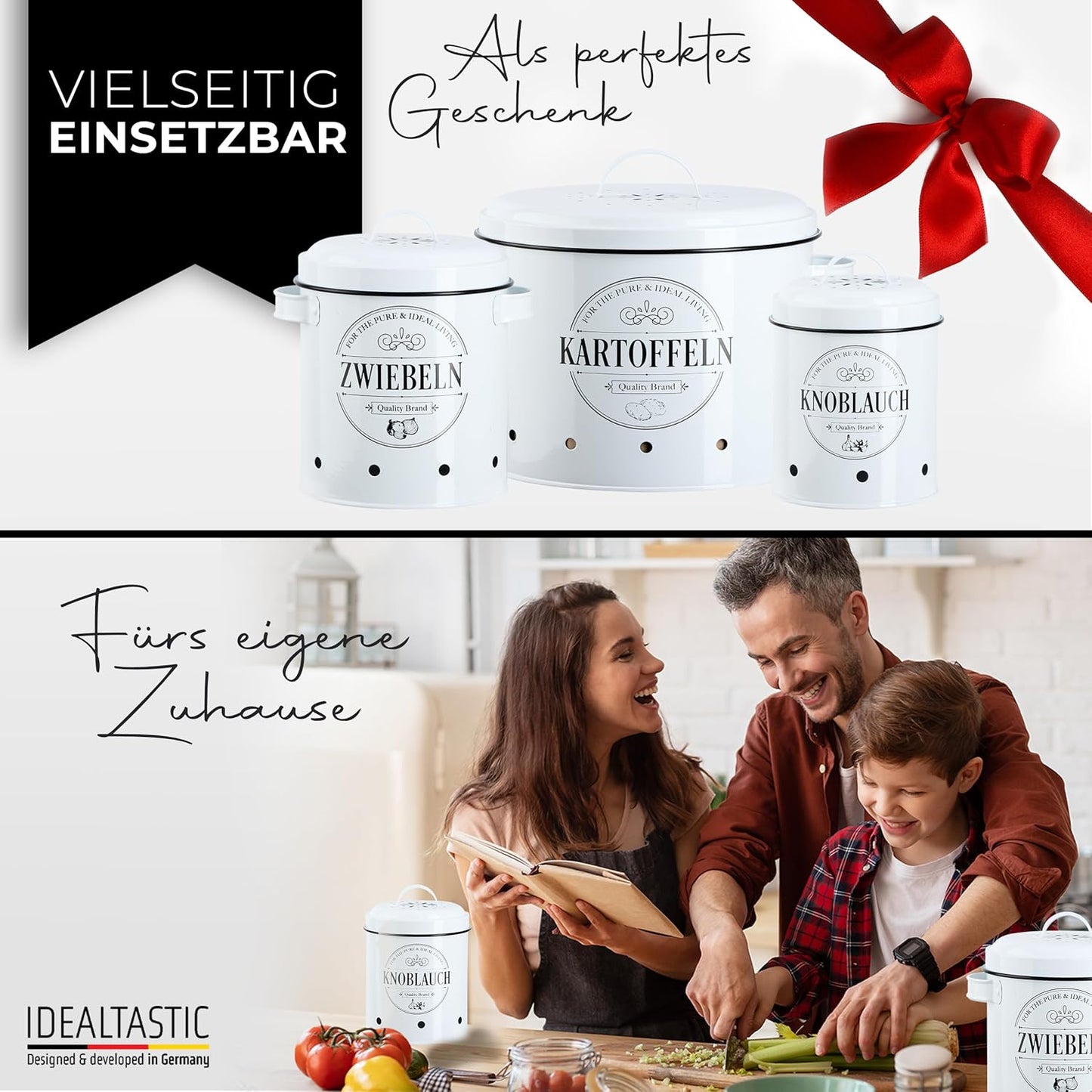 IDEALTASTIC® Premium Kartoffel Aufbewahrungsbox [3 Stück] I Vielseitiges Kartoffeltopf Set mit 360° Belüftungssystem für mehr Frische