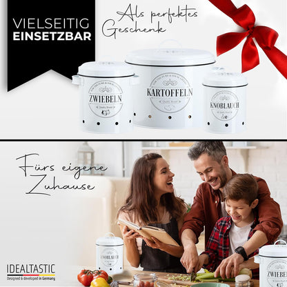 IDEALTASTIC® Premium Kartoffel Aufbewahrungsbox [3 Stück] I Vielseitiges Kartoffeltopf Set mit 360° Belüftungssystem für mehr Frische