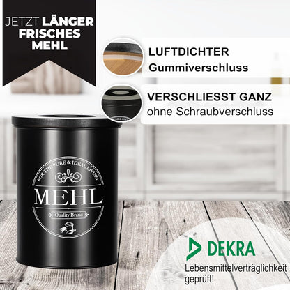 IDEALTASTIC® Premium Mehl Aufbewahrung schwarz, Luftdichte Mehldose 500g für die Küche I Robuster Mehlbehälter mit zeitsparendem Deckel, Mehlbox mit Deckel, Lebensmittelgeprüfte Vorratsdose Mehl