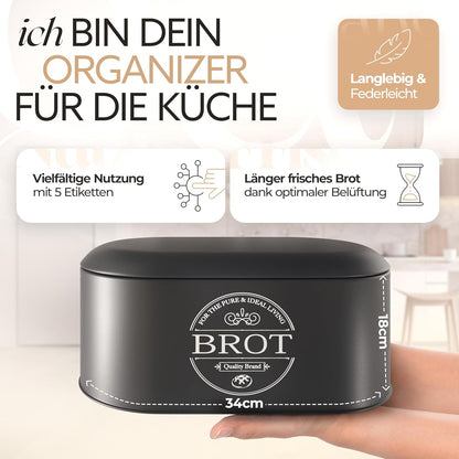 IDEALTASTIC® Premium 2in1 Brotkasten schwarz für lange Frische, mit speziell entwickelter Luftzirkulation I Frischhaltende Brotbox mit flexiblen Inhaltstickern I Lebensmittelechte Brotaufbewahrung