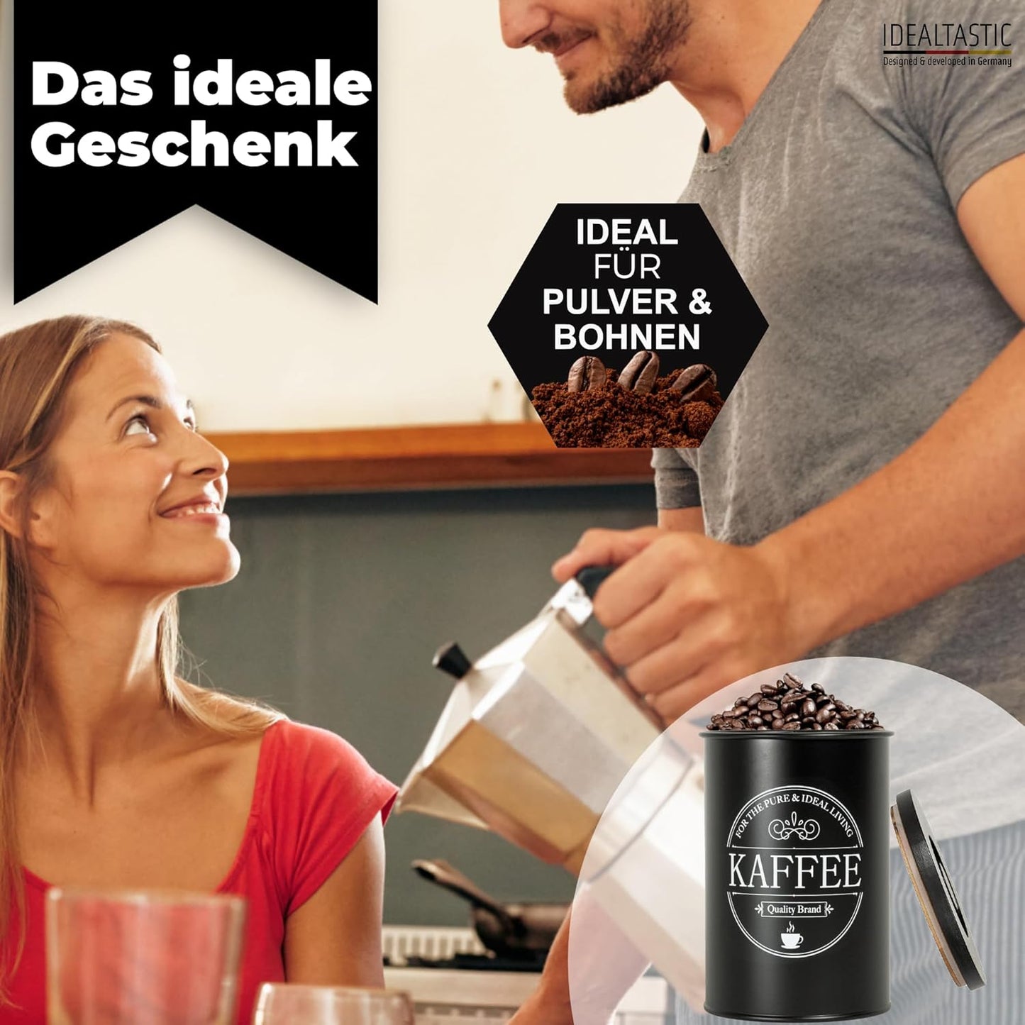 IDEALTASTIC® Premium Kaffeedose luftdicht [500g] für anhaltendes Kaffeearoma I Robuste Kaffeedose für gemahlenen Kaffee & Bohnen mit zeitsparendem Bambus-Deckel I Lebensmittelgeprüfte Kaffeedosen
