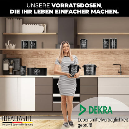 IDEALTASTIC® Premium Mehl Aufbewahrung schwarz, Luftdichte Mehldose 500g für die Küche I Robuster Mehlbehälter mit zeitsparendem Deckel, Mehlbox mit Deckel, Lebensmittelgeprüfte Vorratsdose Mehl