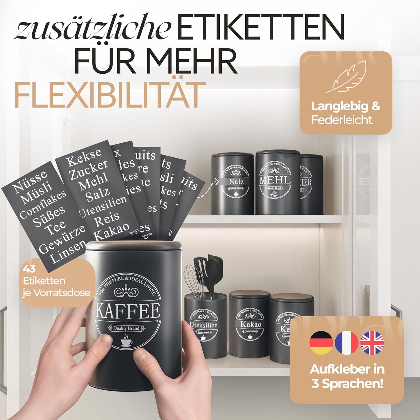IDEALTASTIC® Premium Kaffeedose luftdicht 500g, Zuckerdose & Mehl Aufbewahrung Vorratsdosen-Set [3 Stück je 500g] Luftdicht für mehr Frische I Kaffee...