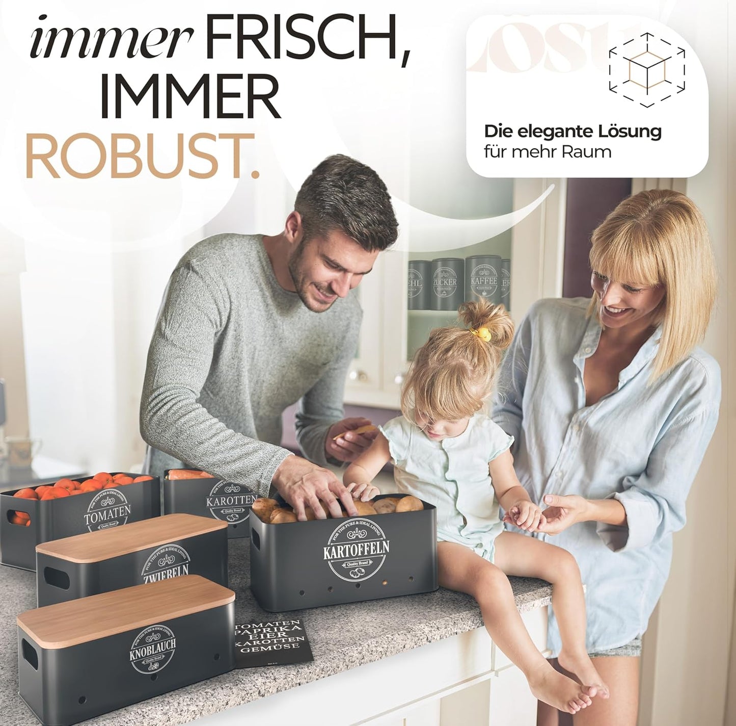 IDEALTASTIC® Premium Kartoffel Aufbewahrungsbox [3 Stück] I Vielseitiges Kartoffeltopf Set mit 360° Belüftungssystem für mehr Frische I Ideal für Zwiebel Aufbewahrung & Kartoffel Aufbewahrung