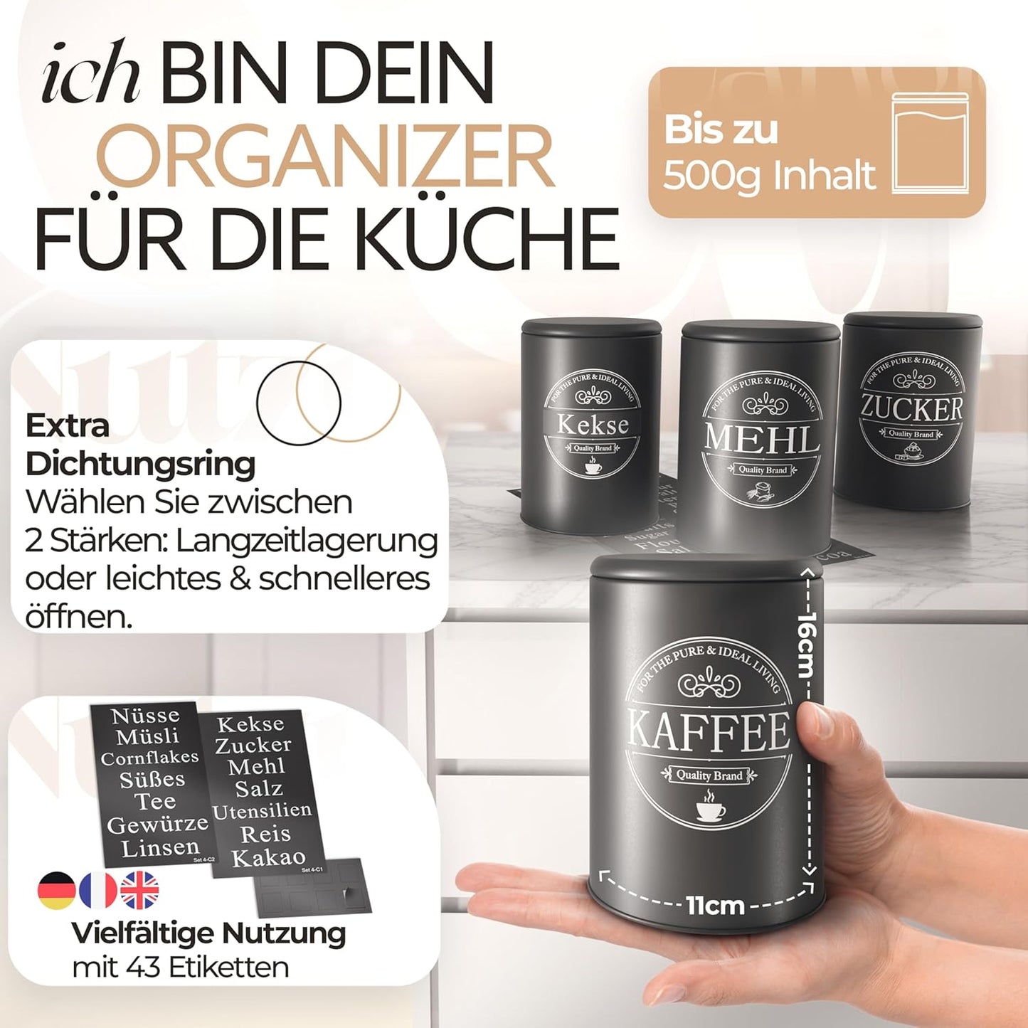 IDEALTASTIC® Premium Kaffeedose luftdicht [500g] für anhaltendes Kaffeearoma I Robuste Vorratsdose für gemahlenen Kaffee & Bohnen mit flexiblen Inhaltstickern I Zucker, Müsli Aufbewahrung & mehr
