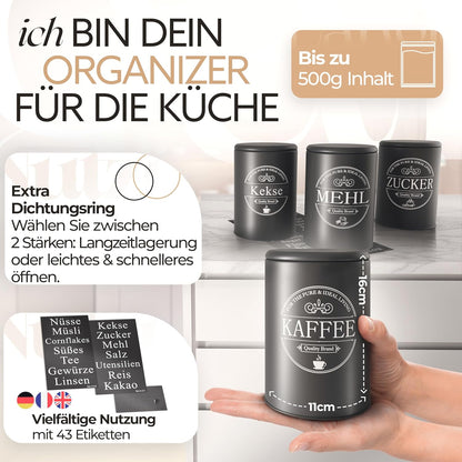 IDEALTASTIC® Premium Kaffeedose luftdicht [500g] für anhaltendes Kaffeearoma I Robuste Vorratsdose für gemahlenen Kaffee & Bohnen mit flexiblen Inhaltstickern I Zucker, Müsli Aufbewahrung & mehr