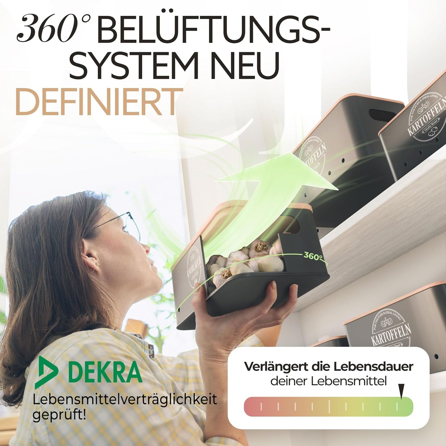 IDEALTASTIC® Premium Kartoffel Aufbewahrungsbox [3 Stück] I Vielseitiges Kartoffeltopf Set mit 360° Belüftungssystem für mehr Frische I Ideal für Zwiebel Aufbewahrung & Kartoffel Aufbewahrung