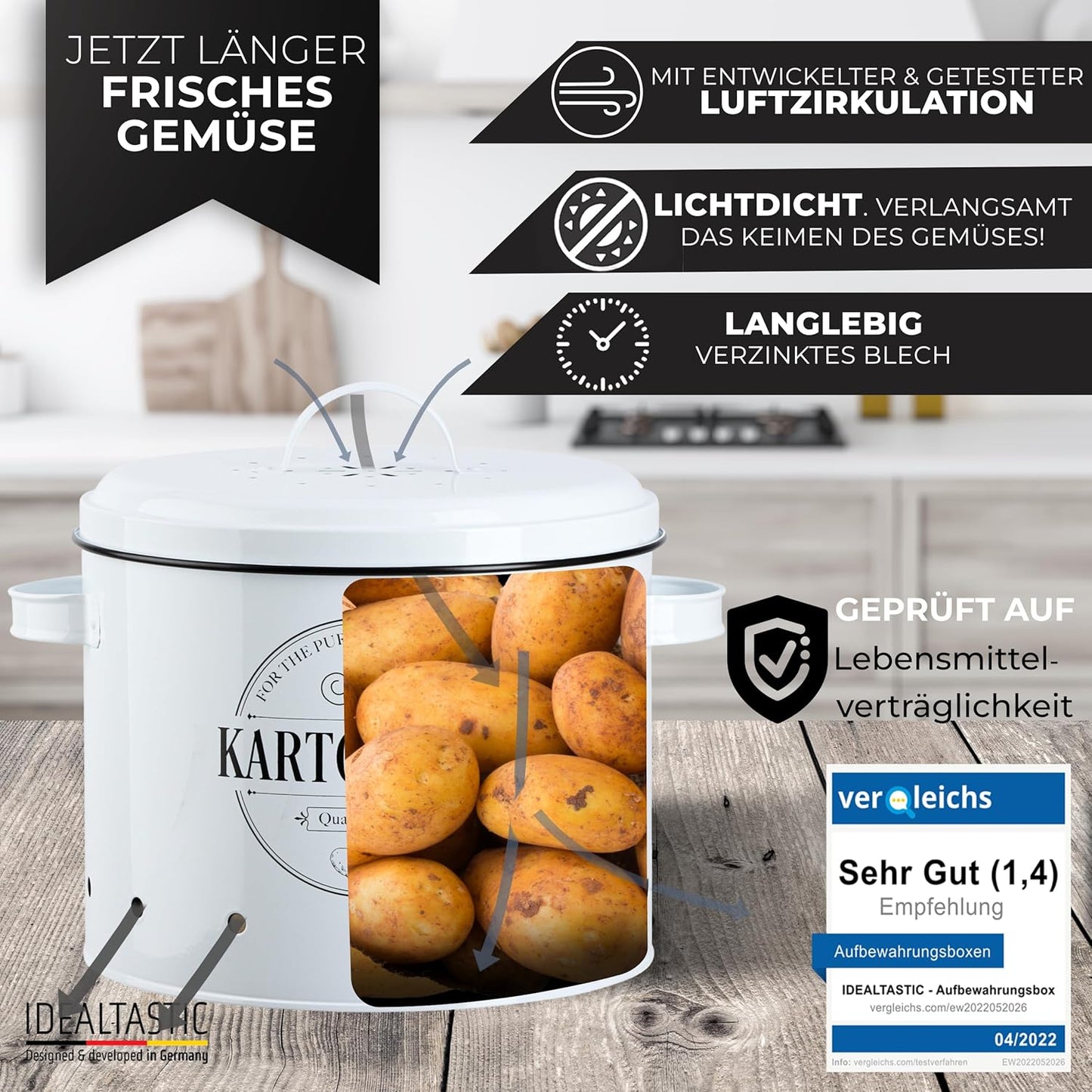 IDEALTASTIC® Premium Kartoffel Aufbewahrungsbox [3 Stück] I Vielseitiges Kartoffeltopf Set mit 360° Belüftungssystem für mehr Frische