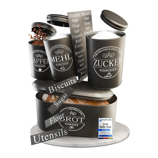 IDEALTASTIC® Premium Brotkasten 4er Set, Zuckerdose, Mehl Aufbewahrung & Kaffeedose luftdicht, Brotbox schwarz I Vorratsdosen je 500g & 1x Brot I Frische & Eleganz in Ihrer Küche