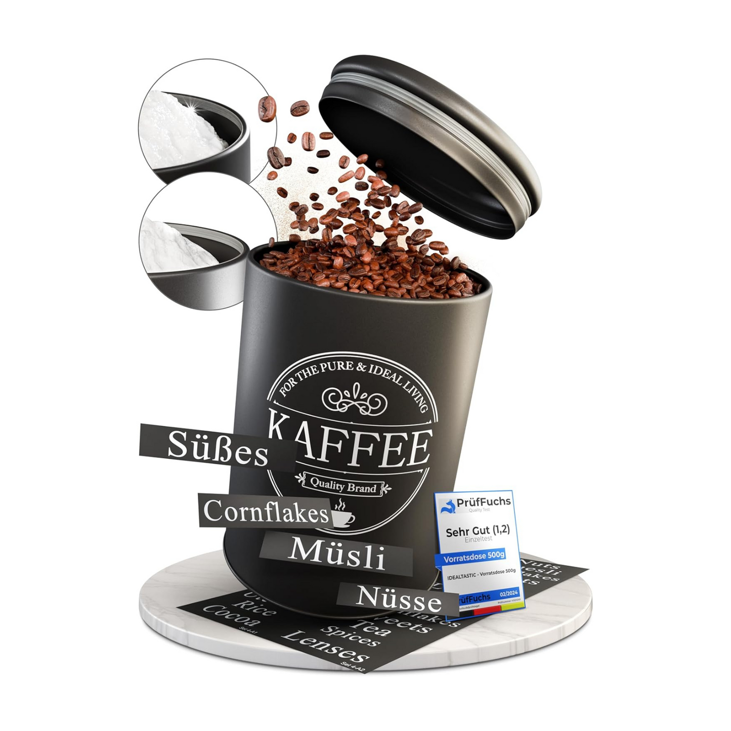 IDEALTASTIC® Premium Kaffeedose luftdicht 500g, Zuckerdose & Mehl Aufbewahrung Vorratsdosen-Set [3 Stück je 500g] Luftdicht für mehr Frische I Kaffee...