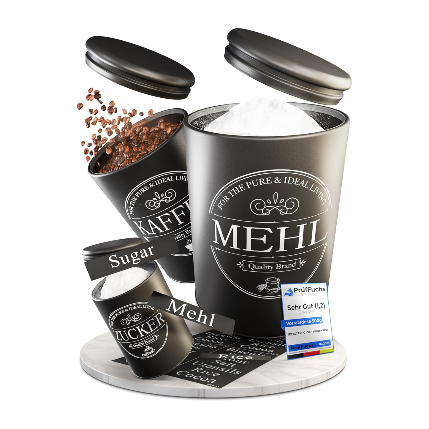 IDEALTASTIC® Premium Kaffeedose luftdicht 500g, Zuckerdose & Mehl Aufbewahrung Vorratsdosen-Set [3 Stück je 500g] Luftdicht für mehr Frische I Kaffee...