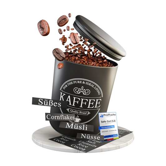 IDEALTASTIC® Premium Kaffeedose luftdicht [500g] für anhaltendes Kaffeearoma I Robuste Vorratsdose für gemahlenen Kaffee & Bohnen mit flexiblen Inhaltstickern I Zucker, Müsli Aufbewahrung & mehr
