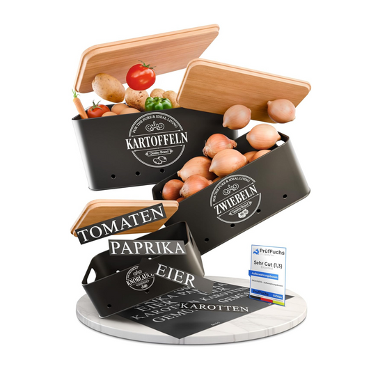 IDEALTASTIC® Premium Kartoffel Aufbewahrungsbox [3 Stück] I Vielseitiges Kartoffeltopf Set mit 360° Belüftungssystem für mehr Frische I Ideal für Zwiebel Aufbewahrung & Kartoffel Aufbewahrung