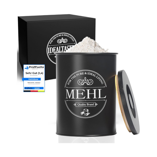 IDEALTASTIC® Premium Mehl Aufbewahrung schwarz, Luftdichte Mehldose 500g für die Küche I Robuster Mehlbehälter mit zeitsparendem Deckel, Mehlbox mit Deckel, Lebensmittelgeprüfte Vorratsdose Mehl