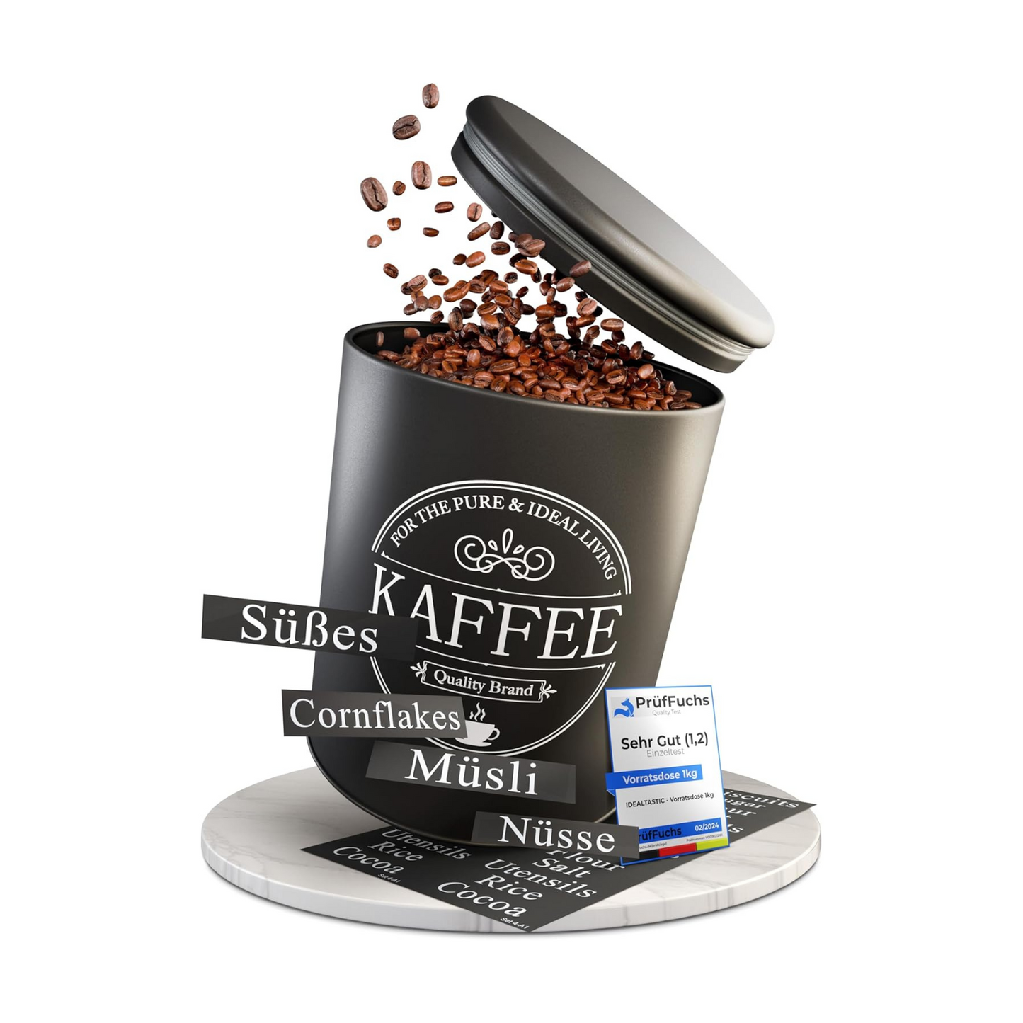 IDEALTASTIC® Premium Vorratsdose I kaffeedose luftdicht [1KG] Bohnen & Zuckerdose | Robuster Vorratsbehälter mit flexiblen Inhaltstickern | Zucker, Kaffee, Müsli Aufbewahrung & mehr